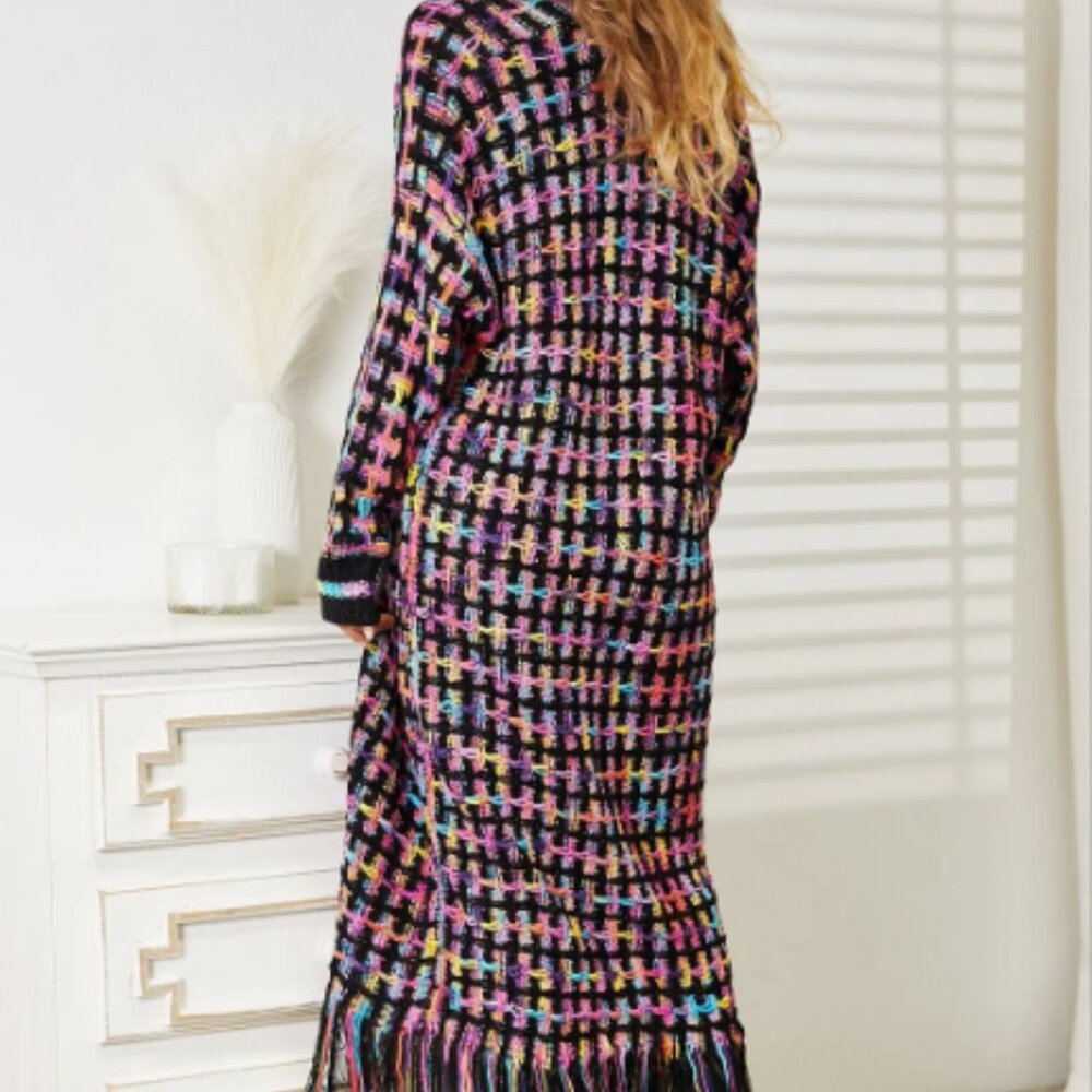 📣CLEARANCE📣 Boho Black Rainbow Open Front Fringe Long Cardigan - Picture 3 of 7
